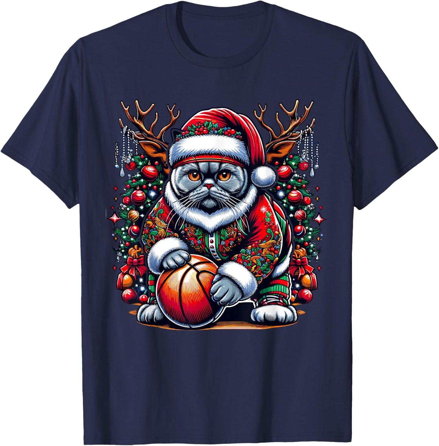 Funny Santa British Shorthair Cat Play Basketball Christmas T-Shirt - T-Shirt | Navy