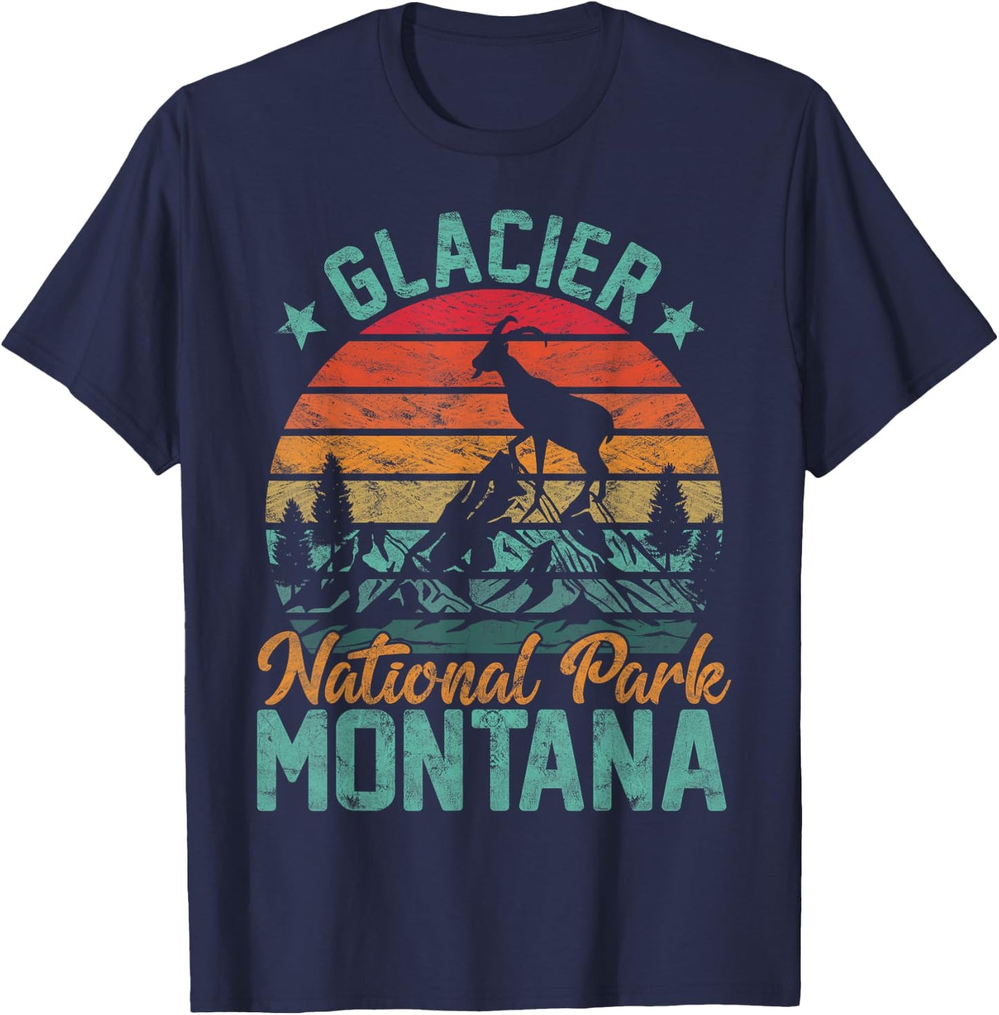 Glacier National Park Montana Moose Goat Hiking T-Shirt - T-Shirt | Navy