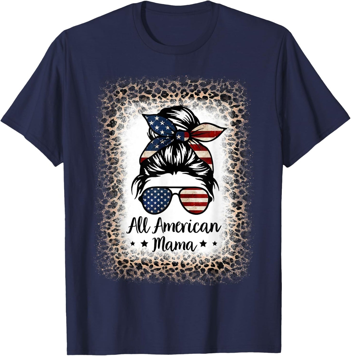 All American Mama Messy Bun Bleached Leopard 4th of July Kids Men T-Shirt - T-Shirt | Navy