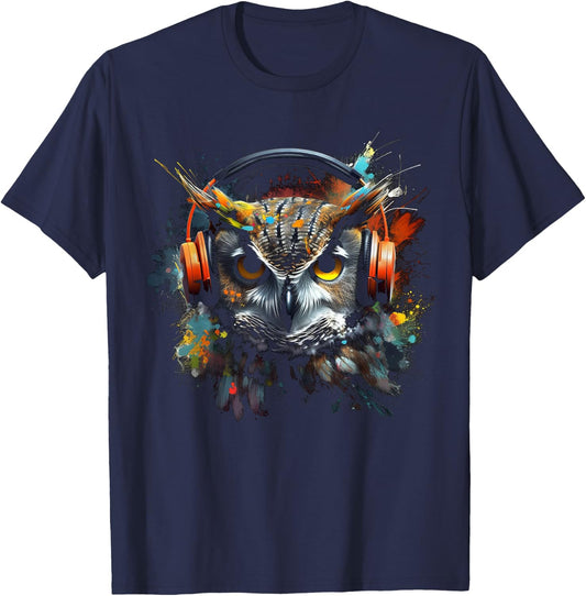 Owl Music Art Headphones Animal Owl T-Shirt - T-Shirt | Navy