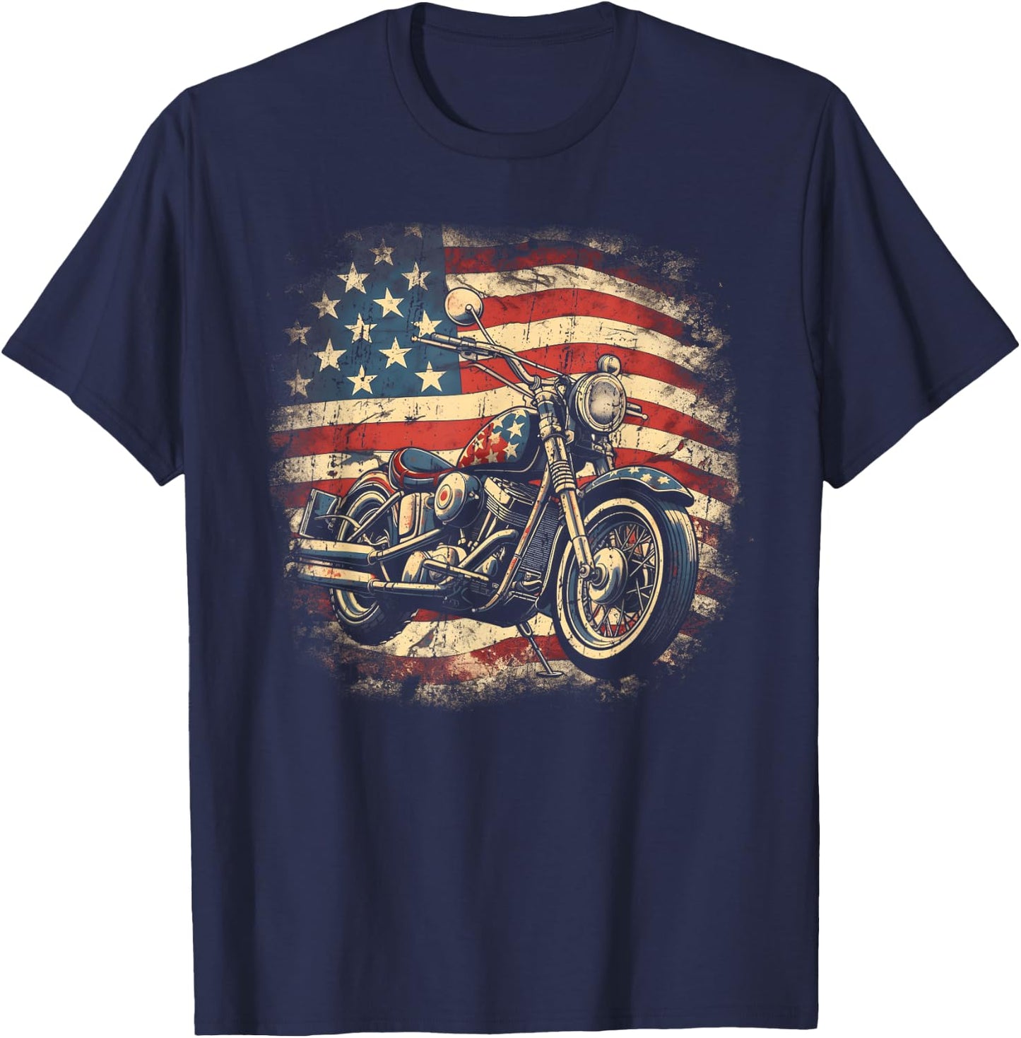 Vintage US Flag Motorcycle USA Retro Biker T-Shirt - T-Shirt | Navy