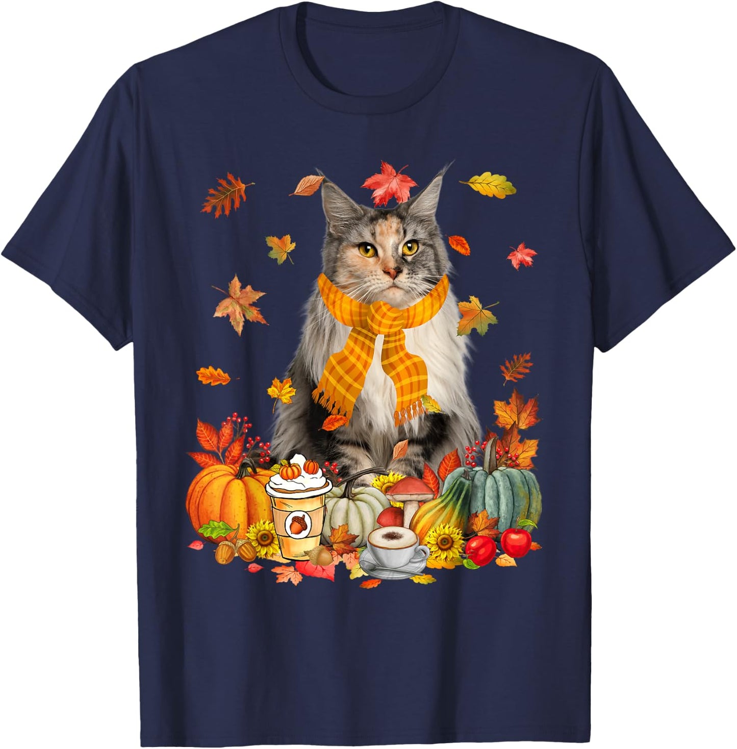 Cup Of Coffe Maine Coon Cat Pumpkins Fall Vibes Thanksgiving T-Shirt - T-Shirt | Navy