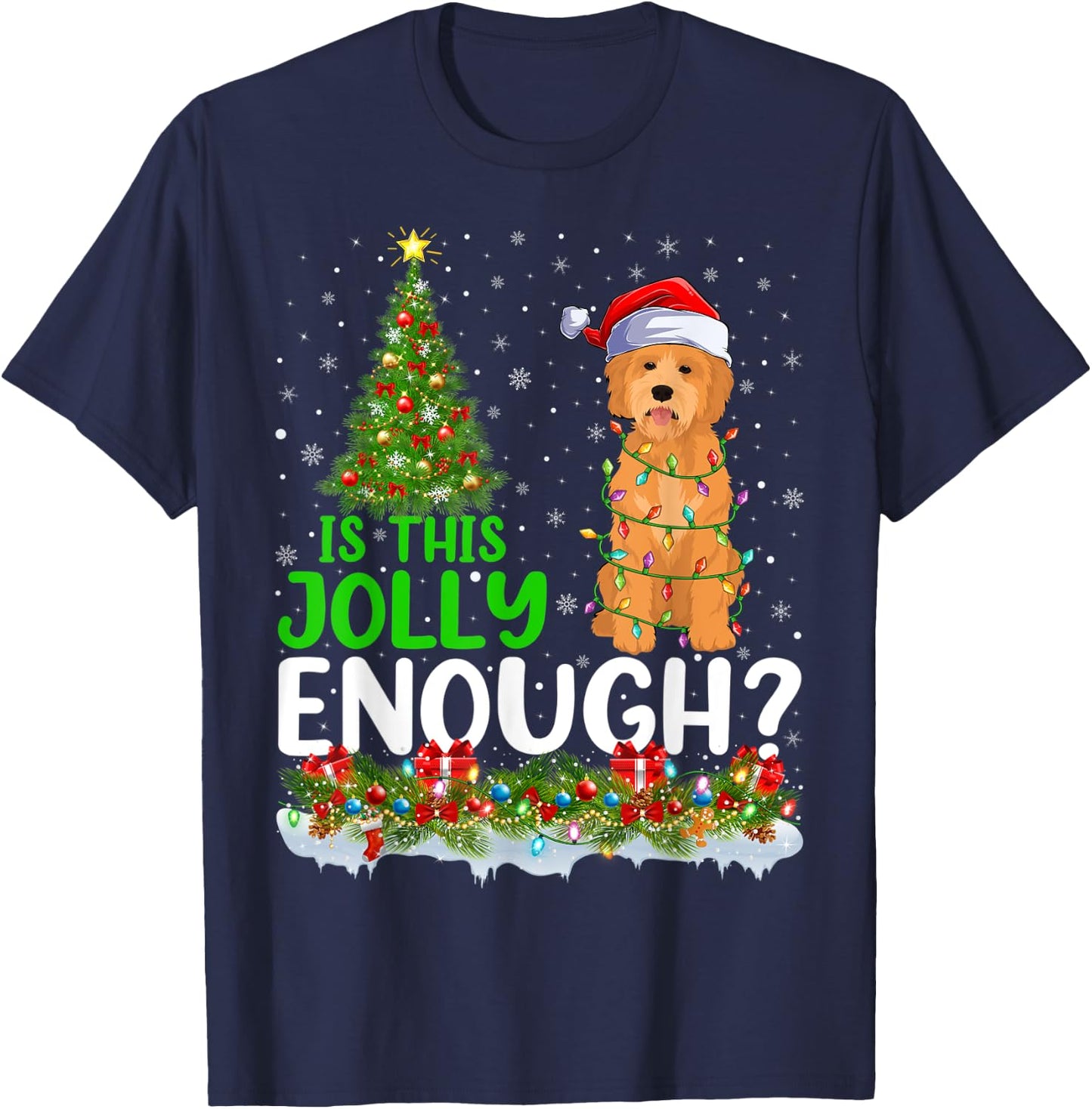 Is This Jolly Enough Goldendoodle Dog Christmas Tree T-Shirt - T-Shirt | Navy