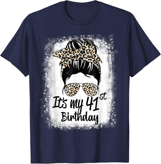 41 Years Old Messy Bun Leopard It's My 41st Birthday T-Shirt - T-Shirt | Navy