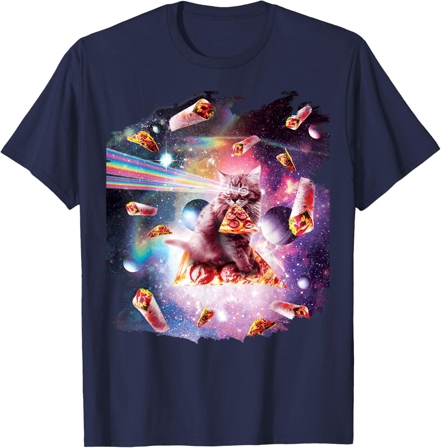 Outer Space Pizza Cat Rainbow Laser Taco Burrito Men Women Kids T-Shirt - T-Shirt | Navy