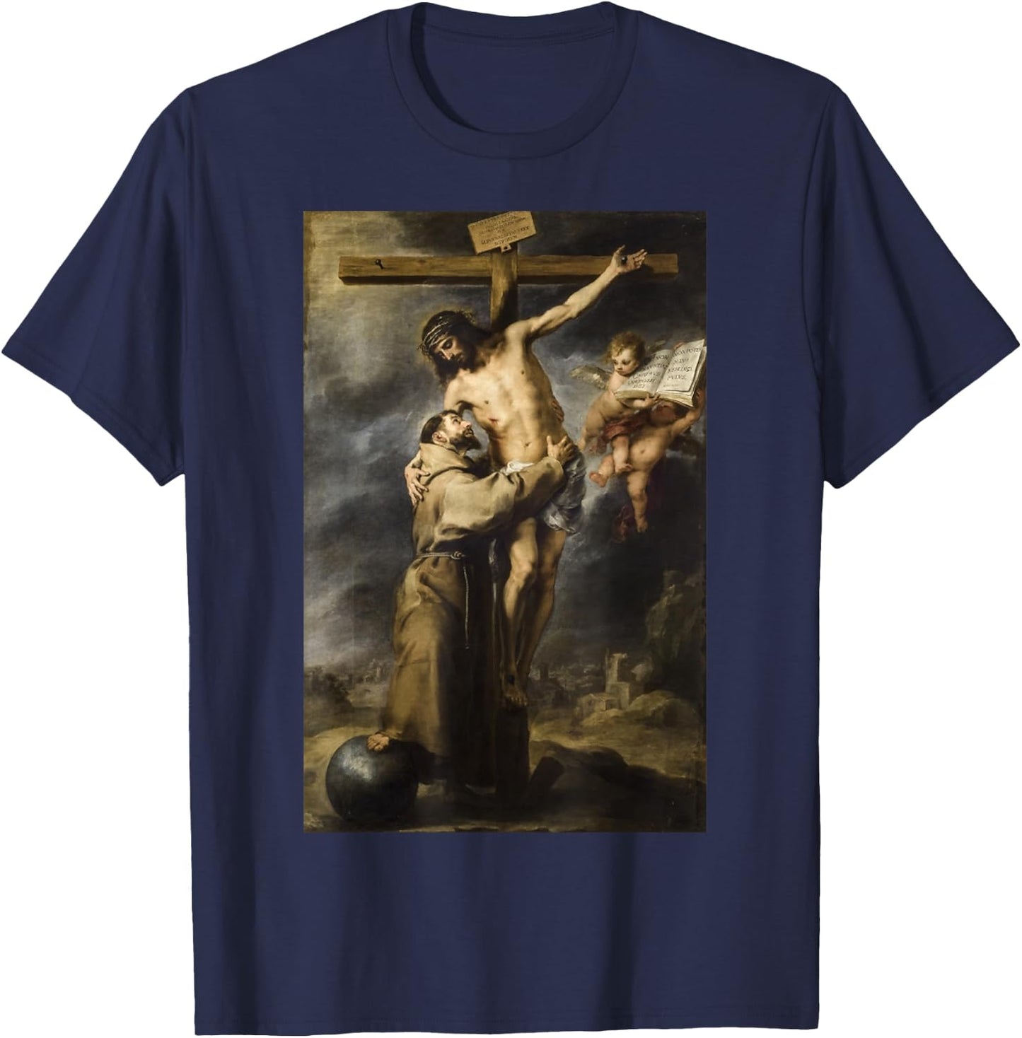 Saint Francis Embracing Christ on the Cross Painting Murillo T-Shirt - T-Shirt | Navy