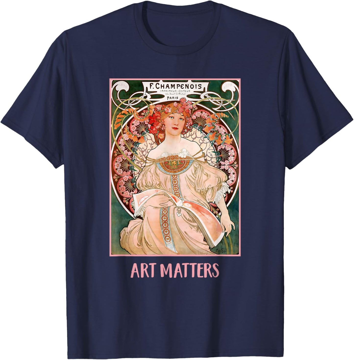 Women with Flowers Paris Mucha Art Nouveau Art Matters T-Shirt - T-Shirt | Navy