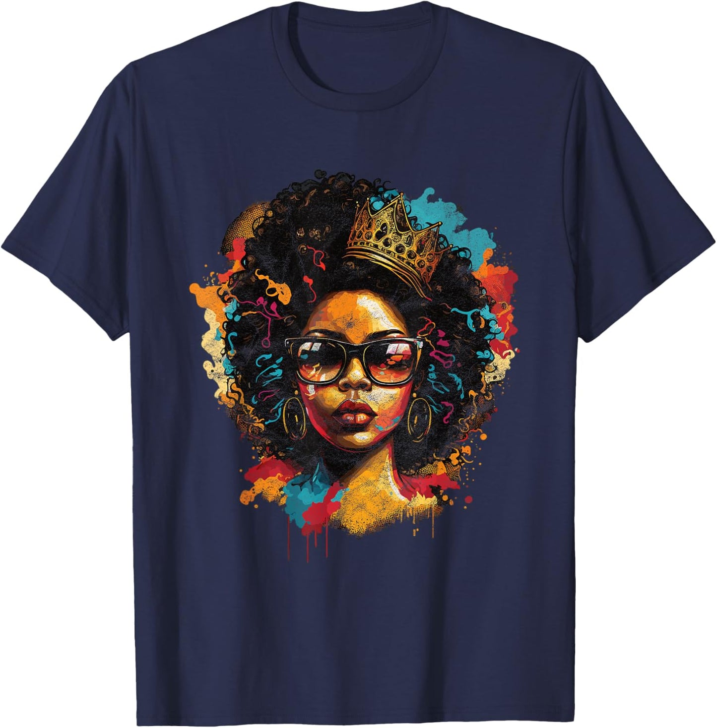 Colorful Art Black Queen Afro Melanin Dripping Juneteenth T-Shirt - T-Shirt | Navy