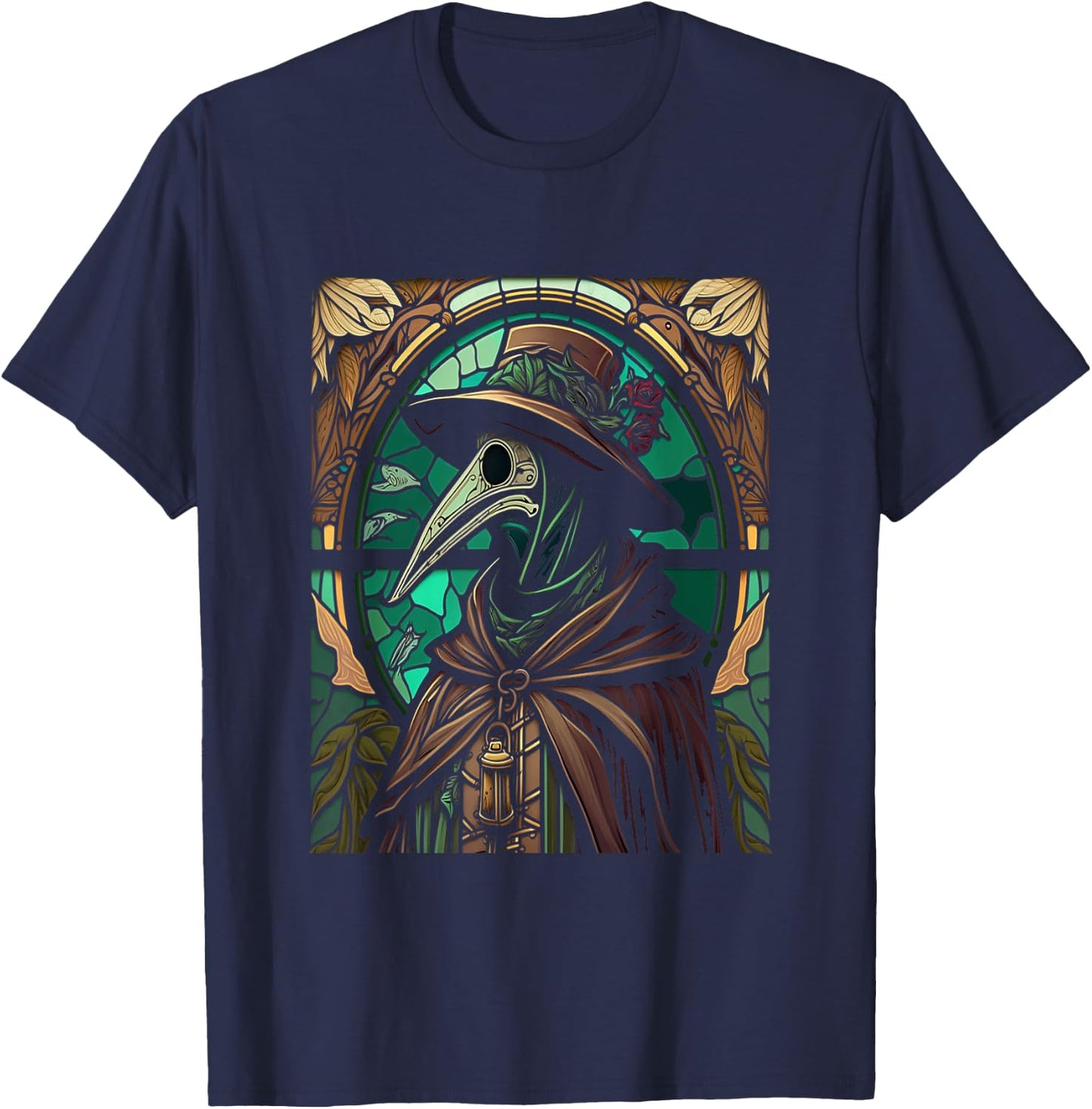 Colorful Stained Glass Holy Plague Doctor Cool Cathedral Art T-Shirt - T-Shirt | Navy
