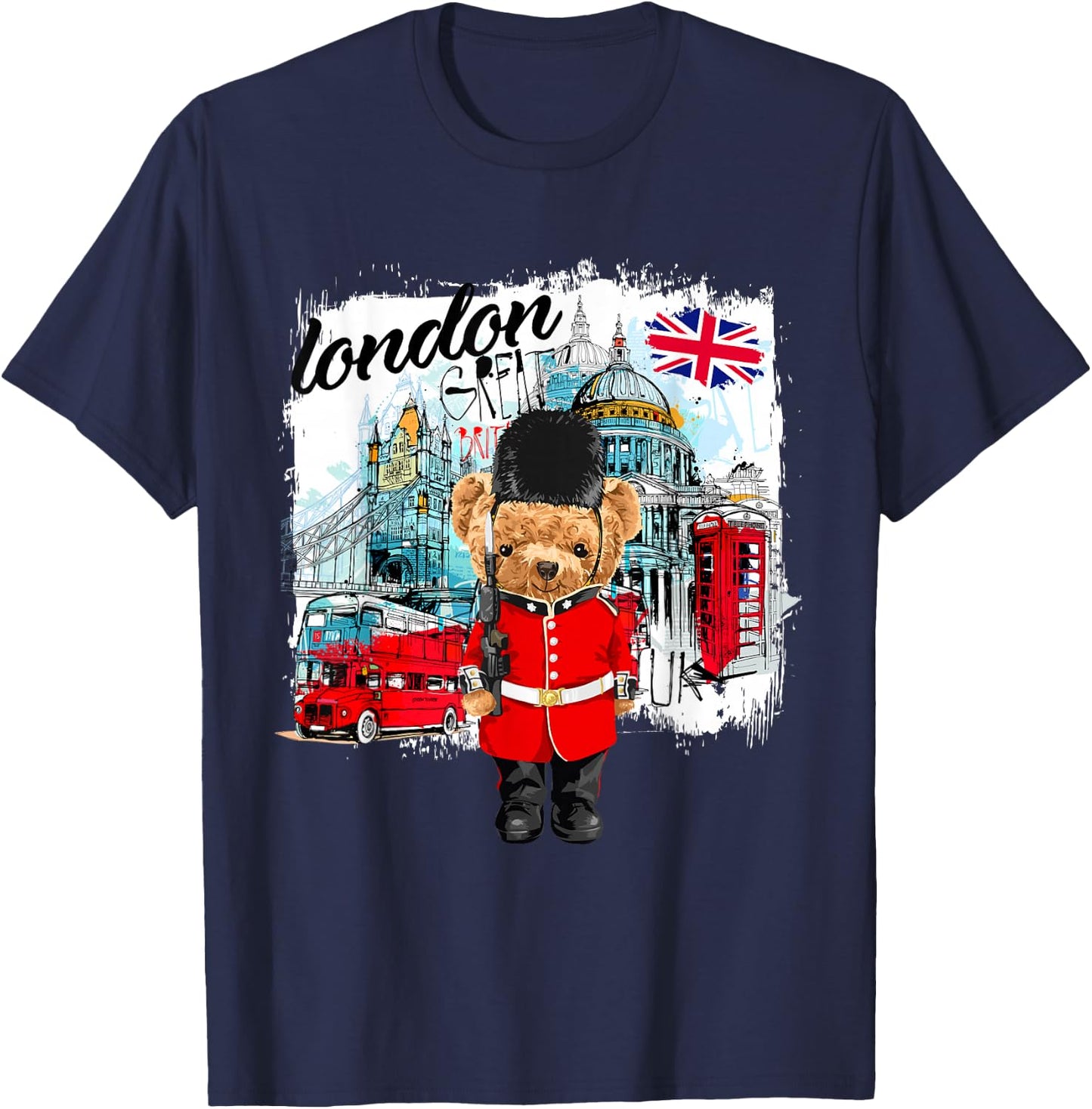 London Teddy Bear Queen Guard Illustration Graphic Cartoon T-Shirt - T-Shirt | Navy