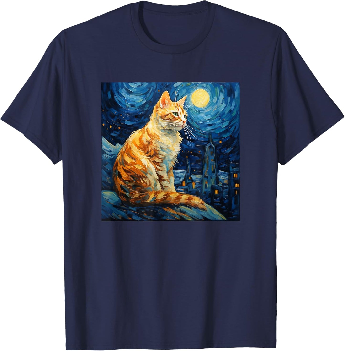 Cat Starry Night lover art Painting kitty kitten Van Gogh T-Shirt - T-Shirt | Navy