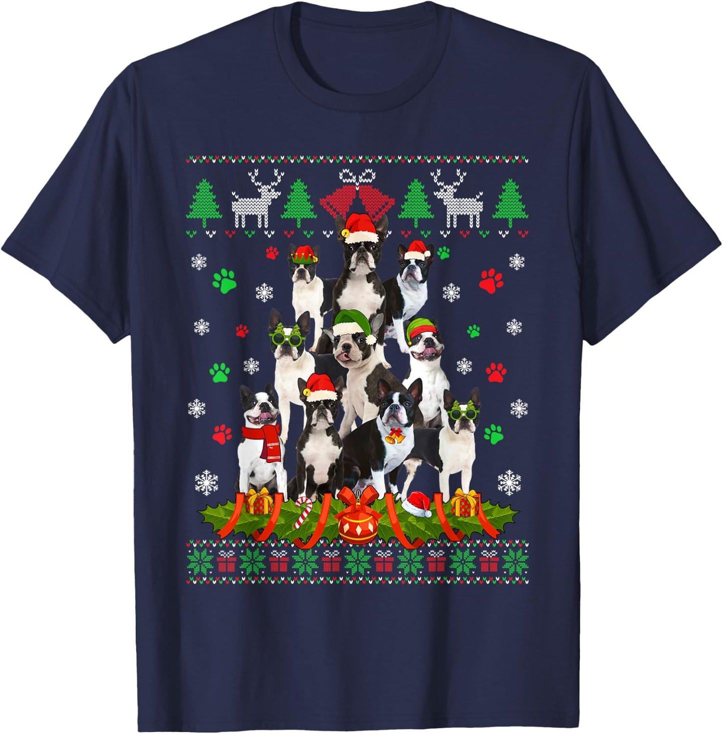 Ugly Sweater Christmas Tree Boston Terrier Dog Xmas Pajama T-Shirt - T-Shirt | Navy