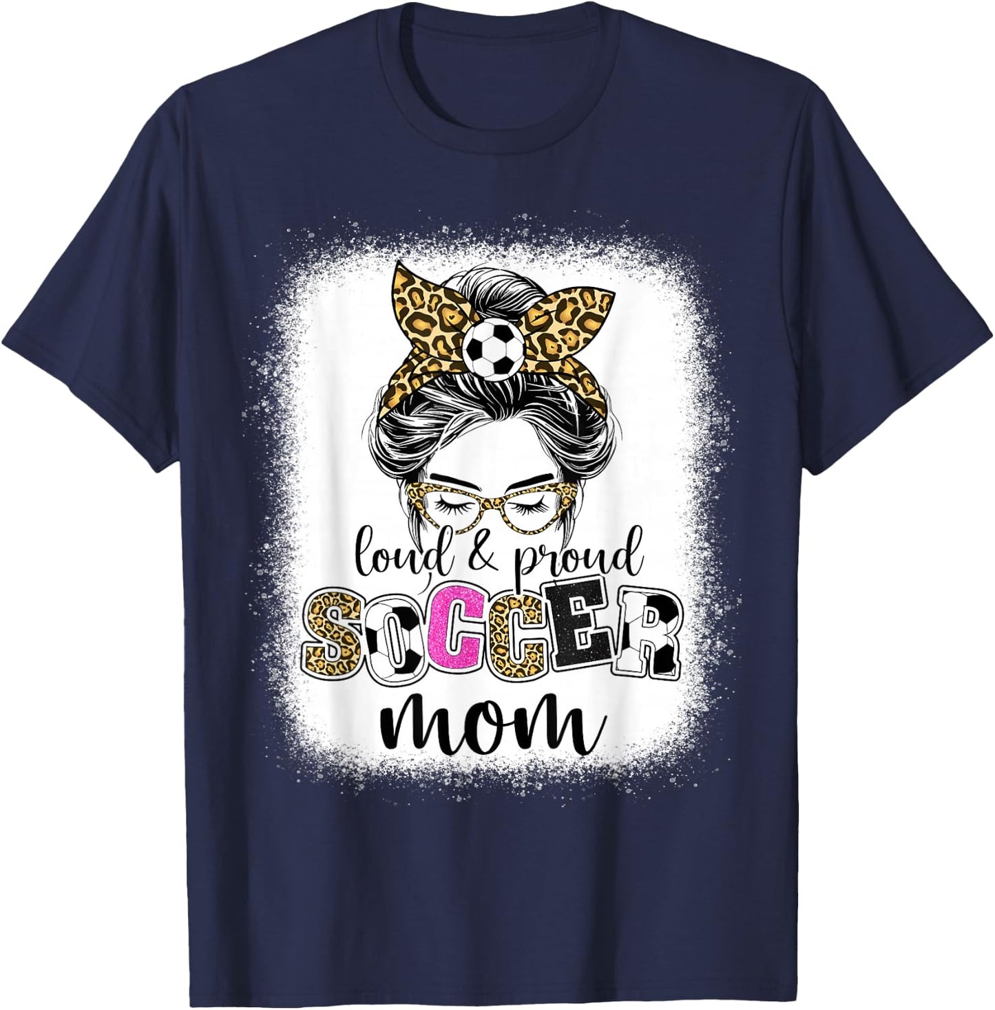 Soccer mom Proud and loud Soccer mom messy bun leopard women T-Shirt - T-Shirt | Navy