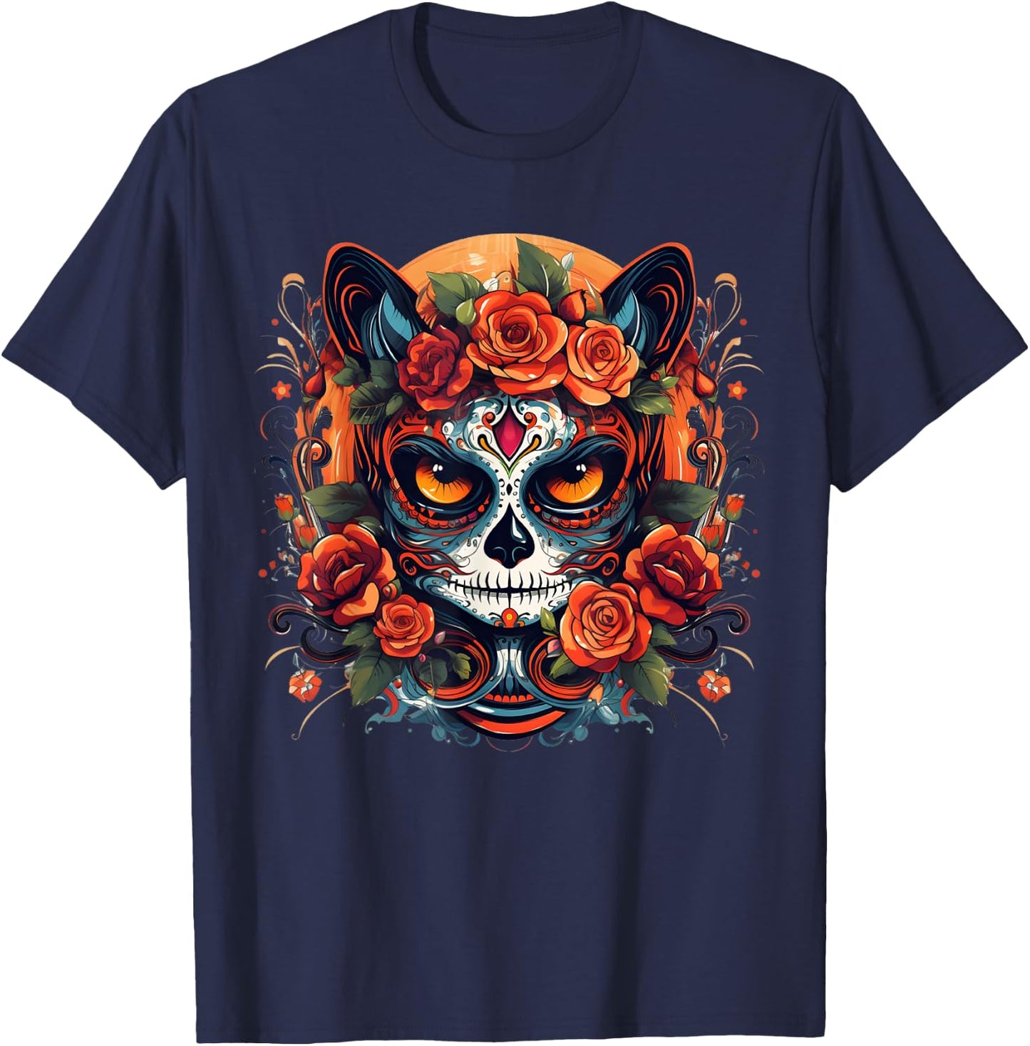Cute Cat Sugar Skull Mexican Cat Halloween Day Of The Dead Men Women Kids T-Shirt - T-Shirt | Navy