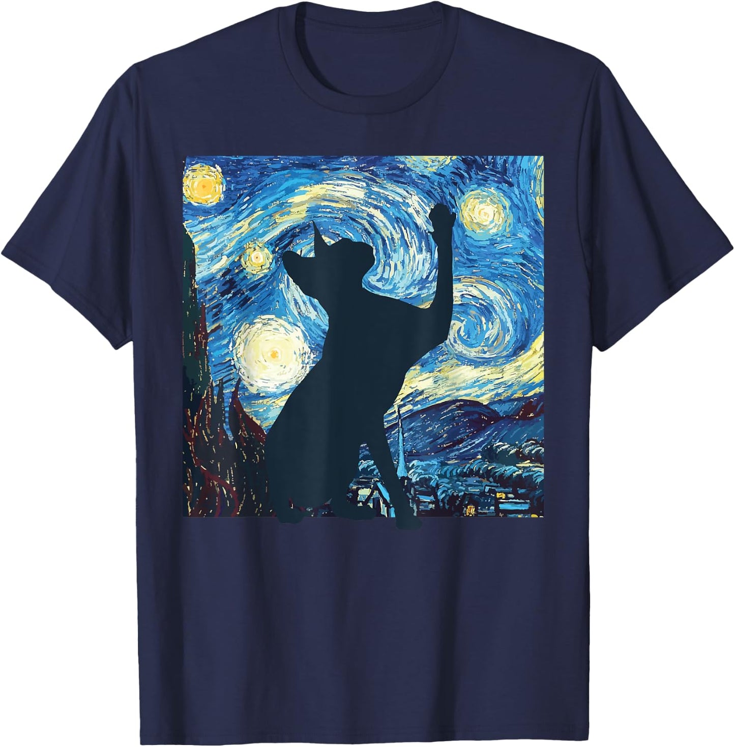 Cat Starry Night Painting Funny Painting Art Women Girls Kid T-Shirt - T-Shirt | Navy