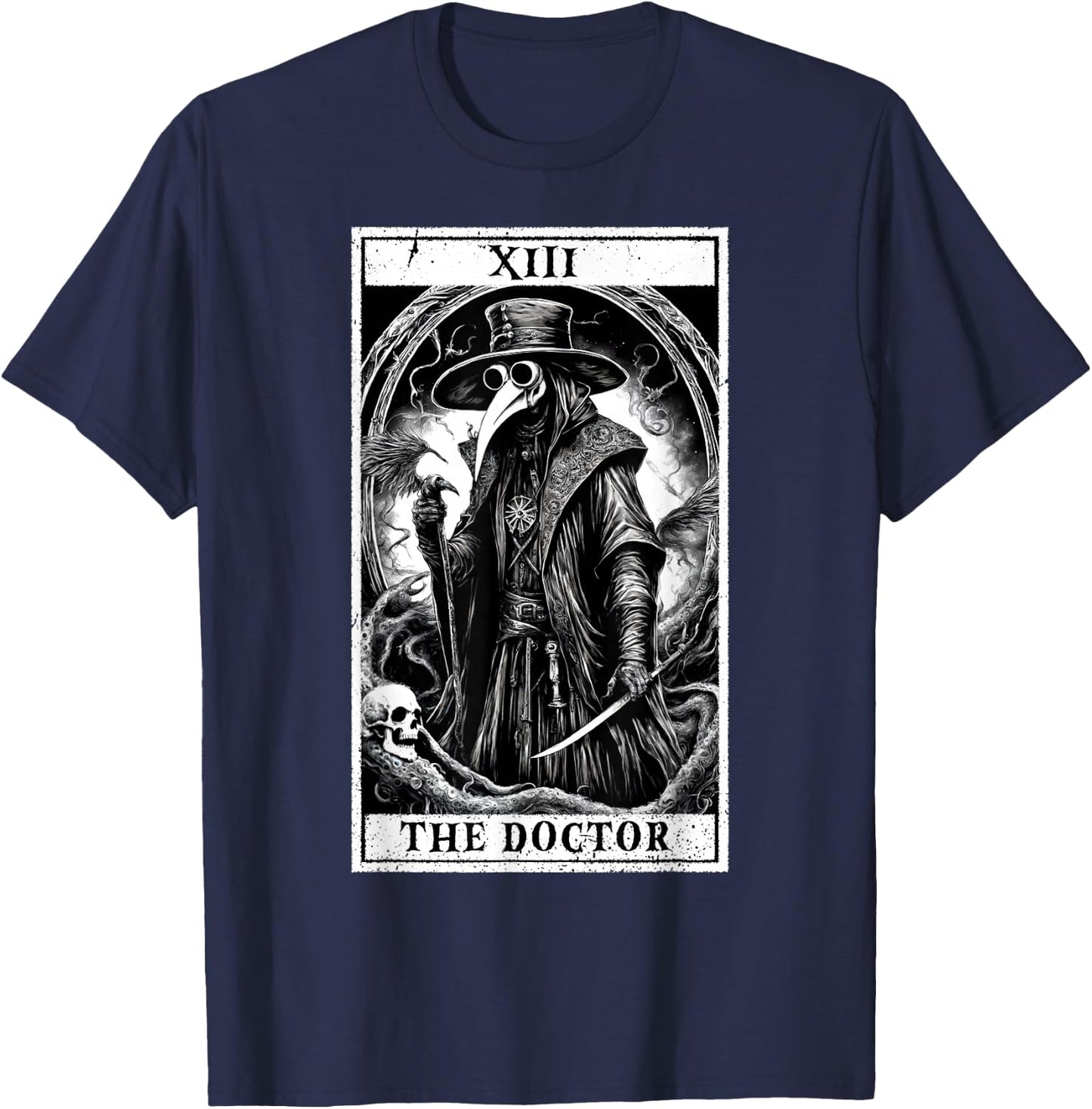 Tarot Card Plague Medical Doctor Magic Occult White on Black T-Shirt - T-Shirt | Navy