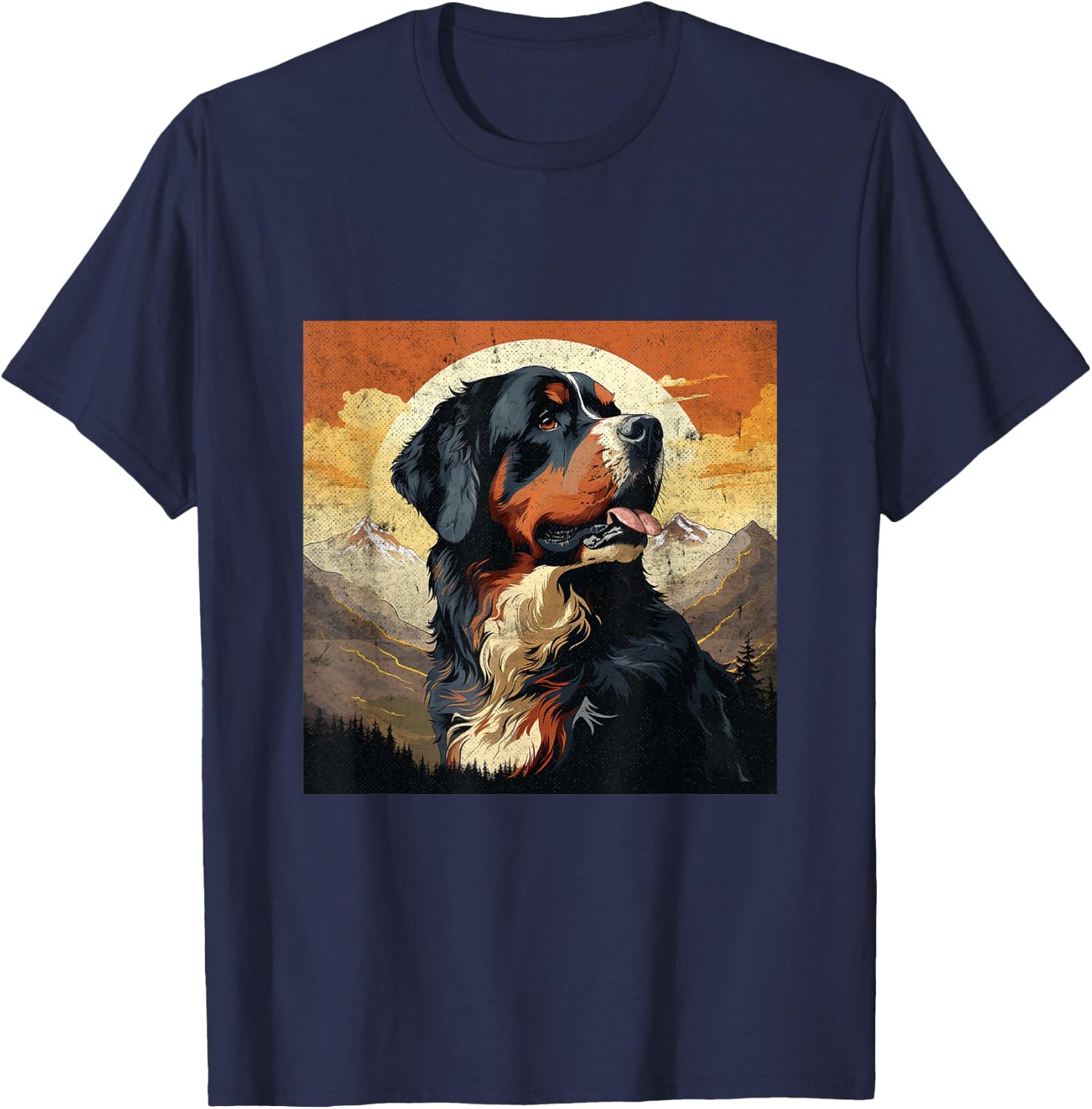 Vintage Bernese Mountain Dog Distressed Mountain Sunset T-Shirt - T-Shirt | Navy
