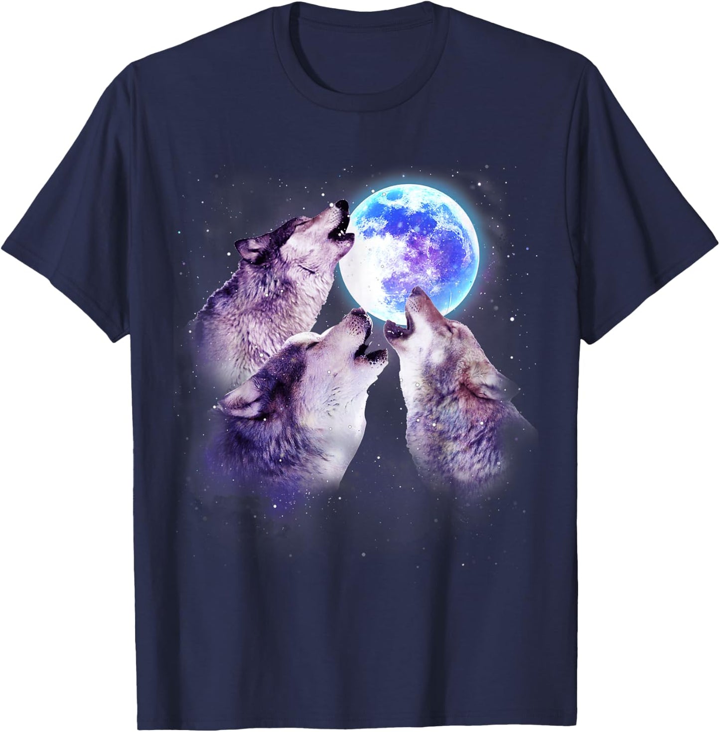 Three Grey Wolf Howling at The Moon 3 Wolves Space Galaxy T-Shirt - T-Shirt | Navy