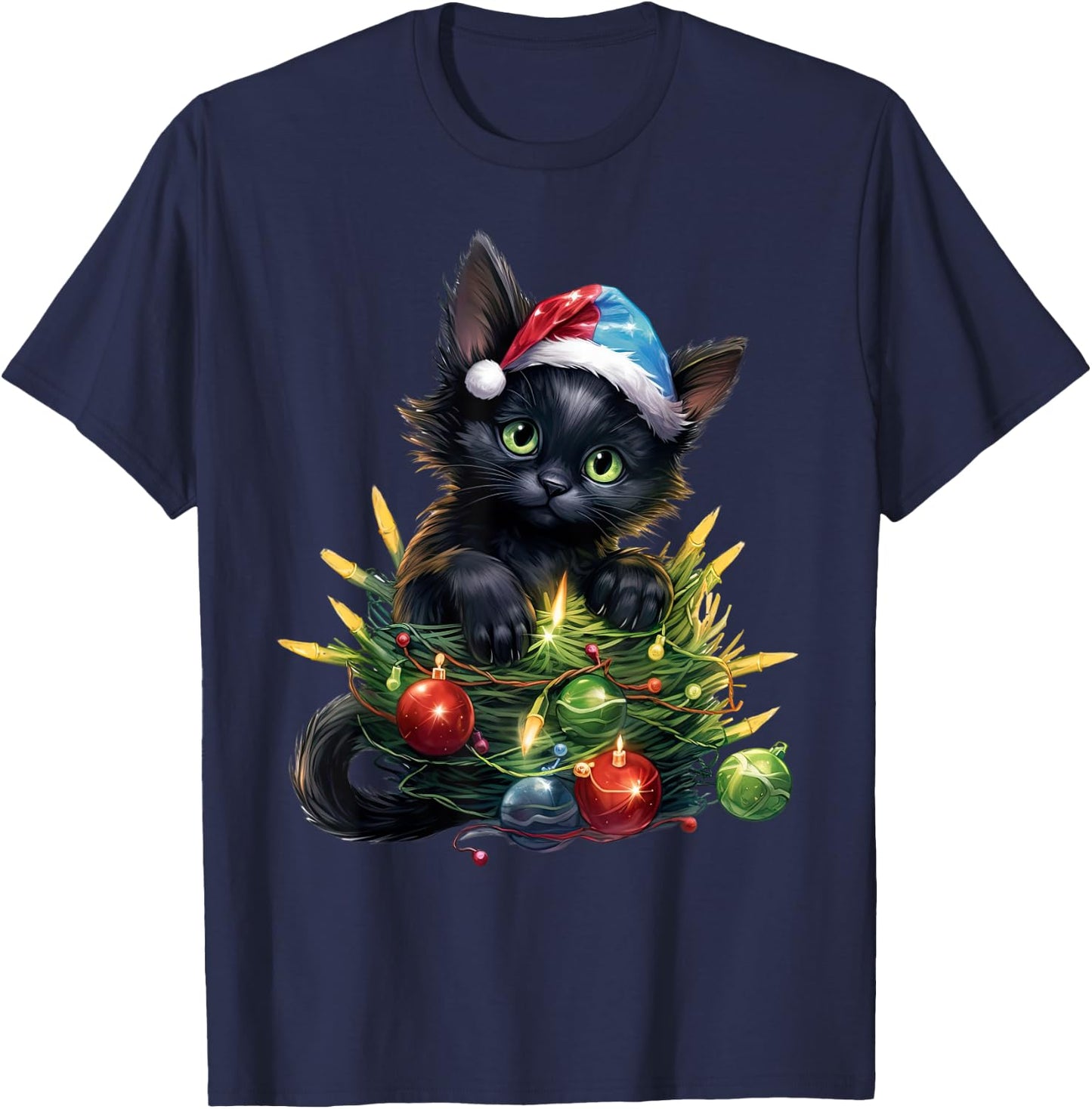 Cute Christmas Cat kittens with Santa Claus hat merry catmas T-Shirt - T-Shirt | Navy