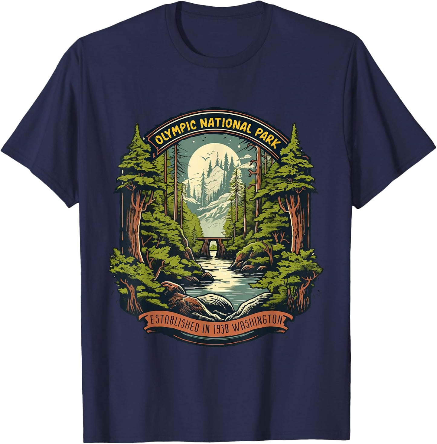 Olympic National Park -Adults Retro Black Cotton Small T-Shirt - T-Shirt | Navy