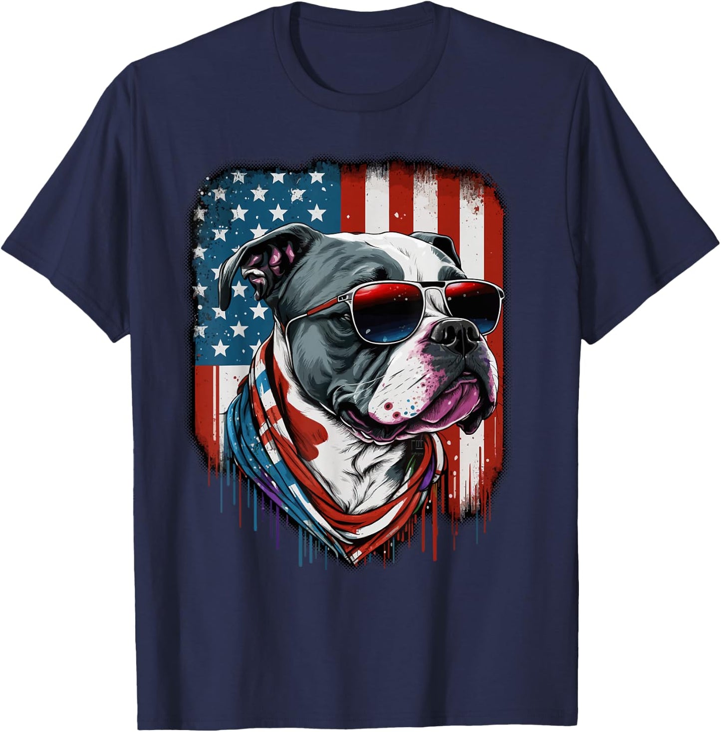 Pitbull Dog Red White Blue American Flag Sunglasses T-Shirt - T-Shirt | Navy