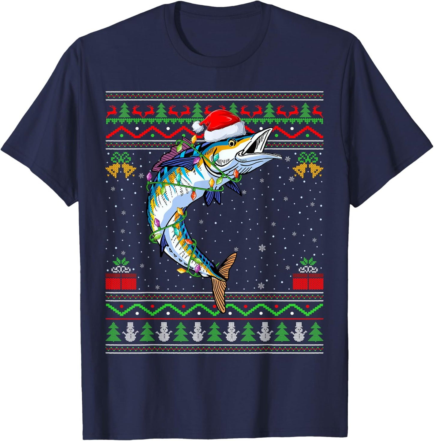 Xmas Lights Ugly Sweater Style Santa Wahoo Fish Christmas T-Shirt - T-Shirt | Navy