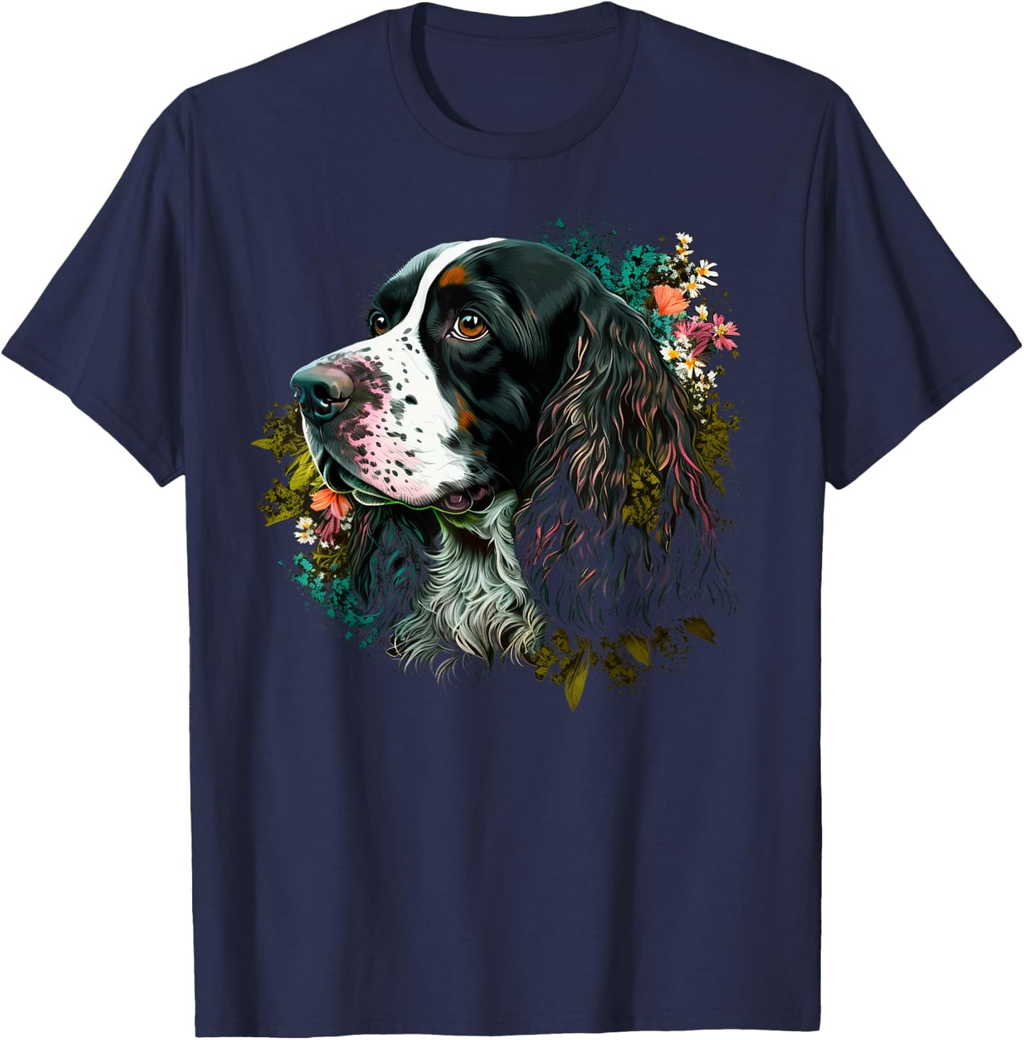 Cute Flower summer Floral English Springer Spaniel Men Women Kids T-Shirt - T-Shirt | Navy