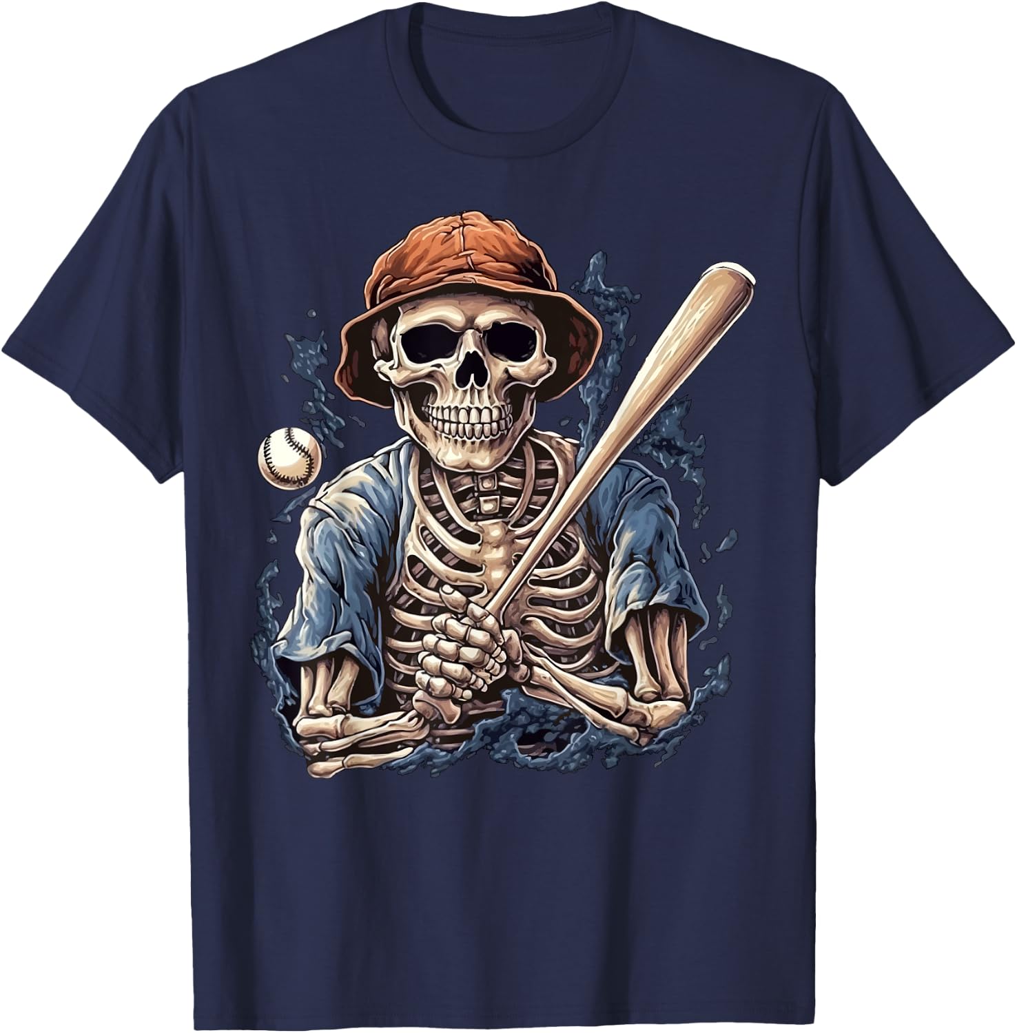 Skeleton Playing Baseball Halloween Scary Pirate Skeleton T-Shirt - T-Shirt | Navy