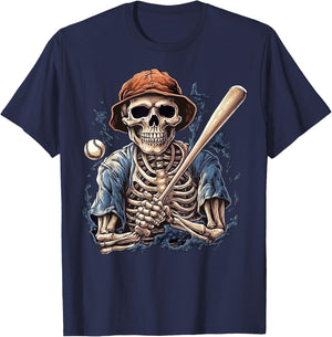 Skeleton Playing Baseball Halloween Scary Pirate Skeleton T-Shirt - T-Shirt | Navy