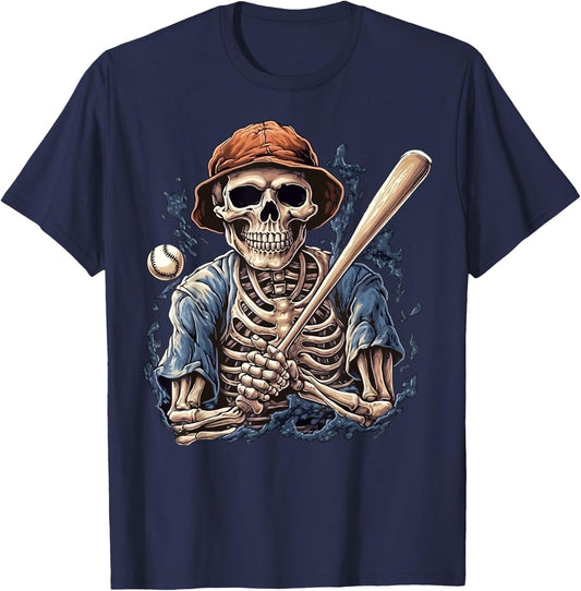 Skeleton Playing Baseball Halloween Scary Pirate Skeleton T-Shirt - T-Shirt | Navy
