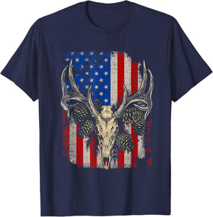 Deer Hunting Skull Whitetail Buck American Flag Vintage T-Shirt - T-Shirt | Navy