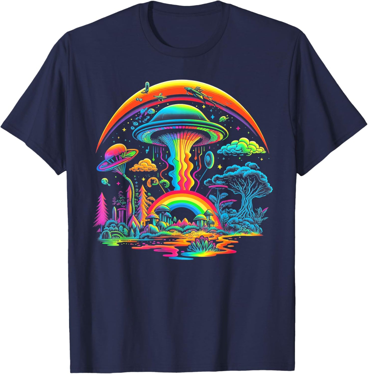 UFO Funny Alien Retro Mushroom Vintage 60s 80s 70s Rainbow T-Shirt - T-Shirt | Navy