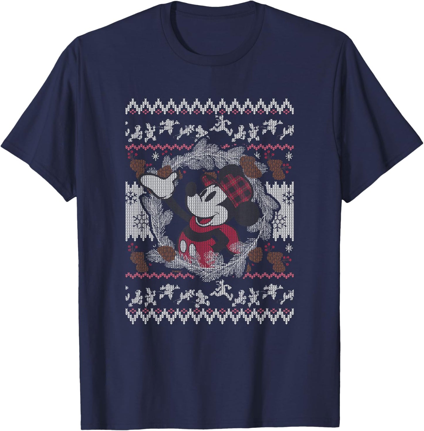 Disney Mickey and Friends Christmas Plaid Ugly Sweater T-Shirt - T-Shirt | Navy