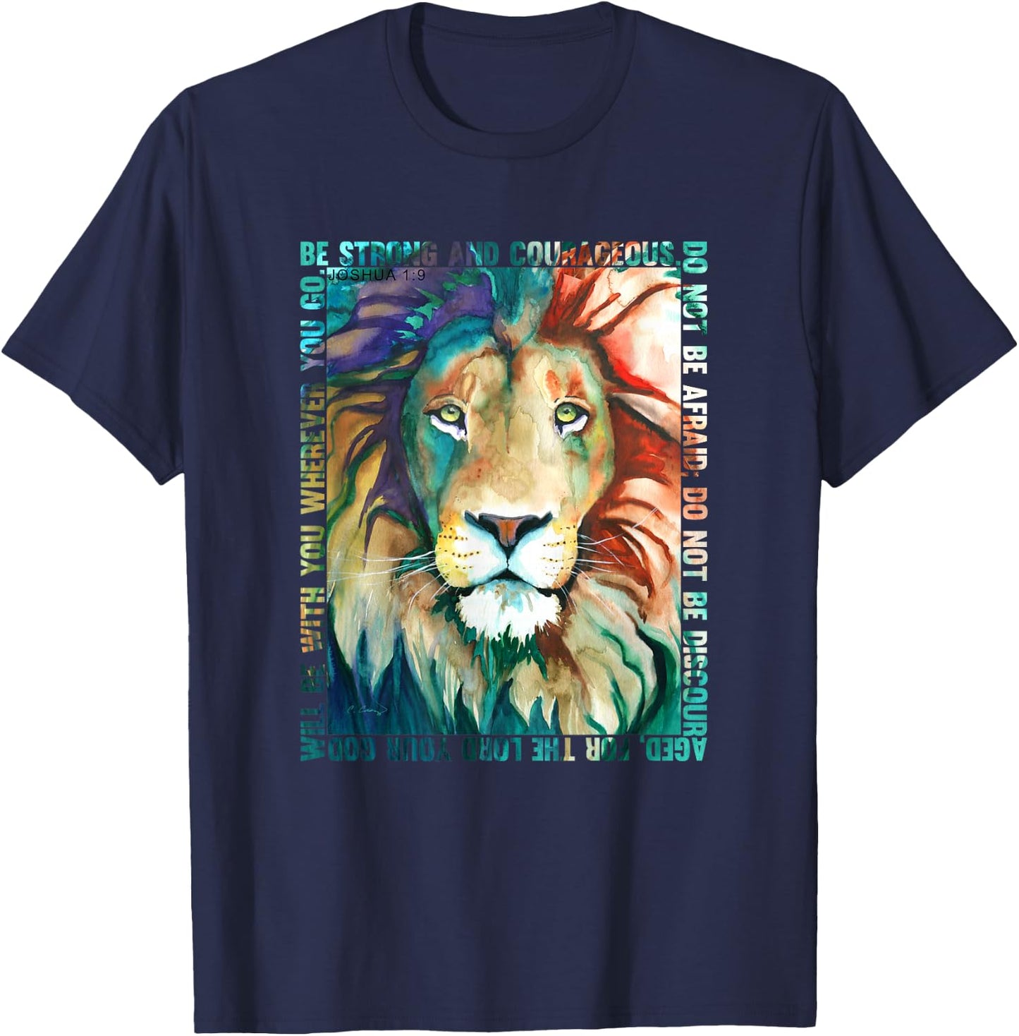Lion Colorful Face Bible Verse Watercolor by Cheryl Casey T-Shirt - T-Shirt | Navy