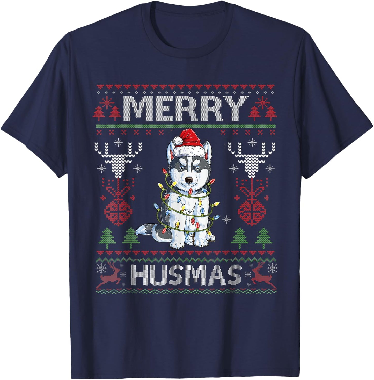 Cute Merry Huskymas Ugly Sweater Husky Christmas Tree Dog T-Shirt - T-Shirt | Navy