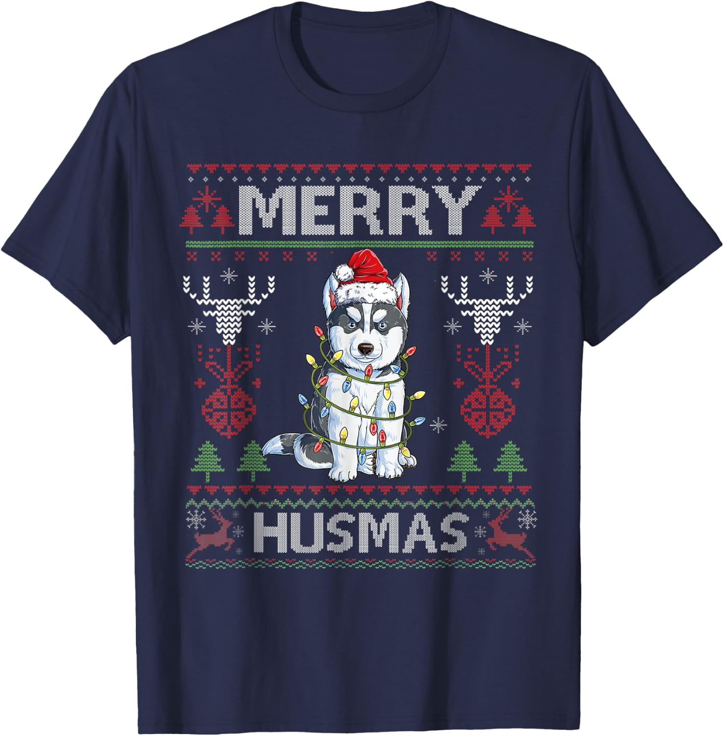Cute Merry Huskymas Ugly Sweater Husky Christmas Tree Dog T-Shirt - T-Shirt | Navy
