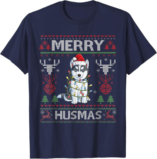 Cute Merry Huskymas Ugly Sweater Husky Christmas Tree Dog T-Shirt - T-Shirt | Navy
