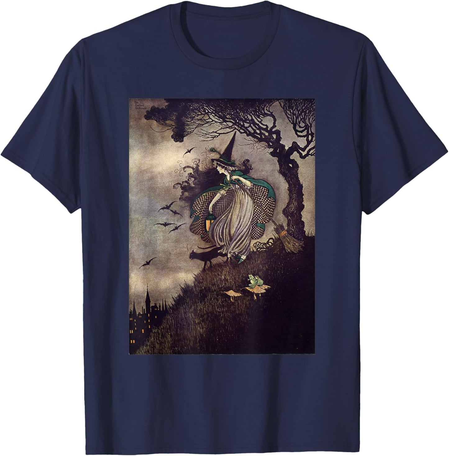 Little Young Witch By Ida Rentoul Outhwaite Black Cat Town T-Shirt - T-Shirt | Navy