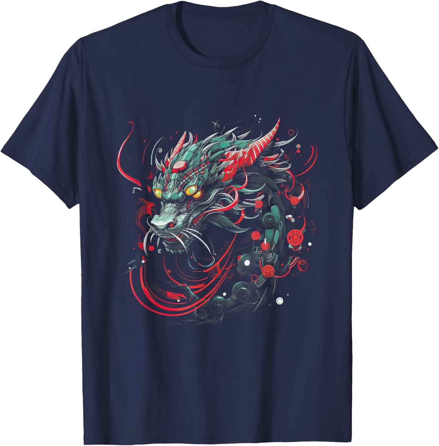 Dragon Asia Mythology Futuristic Japanese Cyberpunk Japan Art Cyber - Women's -Adults Black Short Sleeve Classic Fit Collarless - Small T-Shirt - T-Shirt | Navy