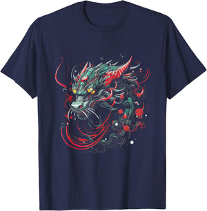 Dragon Asia Mythology Futuristic Japanese Cyberpunk Japan Art Cyber - Women's -Adults Black Short Sleeve Classic Fit Collarless - Small T-Shirt - T-Shirt | Navy