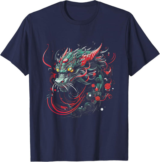Dragon Asia Mythology Futuristic Japanese Cyberpunk Japan Art Cyber - Women's -Adults Black Short Sleeve Classic Fit Collarless - Small T-Shirt - T-Shirt | Navy
