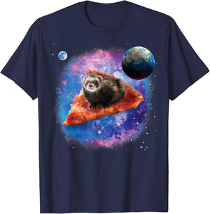 Funny Ferret on a Pizza in Space Ferret T-Shirt - T-Shirt | Navy