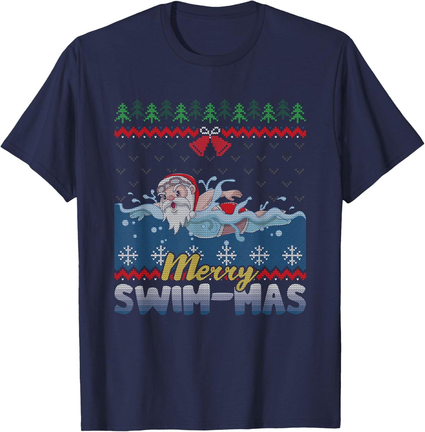 Merry Swim-Mas Santa Claus Swimming Ugly Christmas Sweater T-Shirt - T-Shirt | Navy