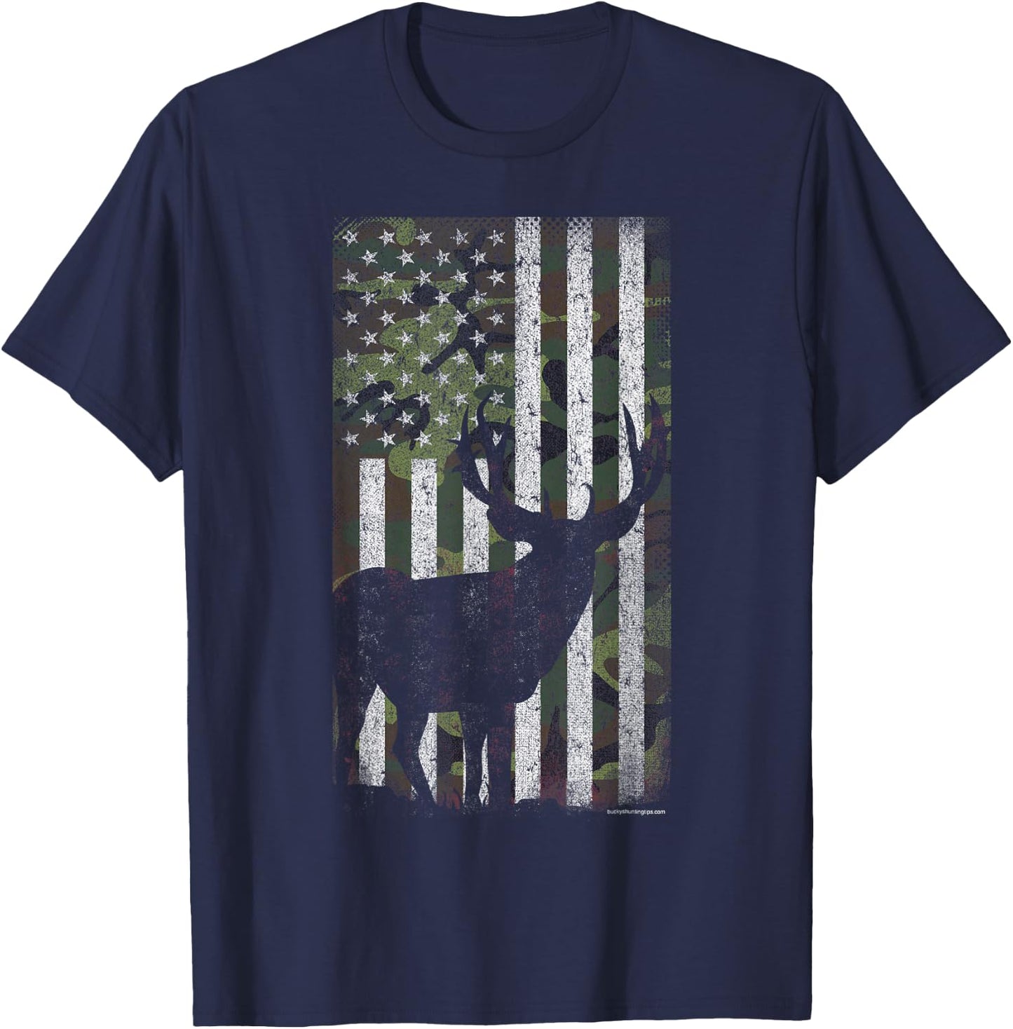 Deer Hunting Mule Deer Buck Camo US Flag - American Retro T-Shirt - T-Shirt | Navy