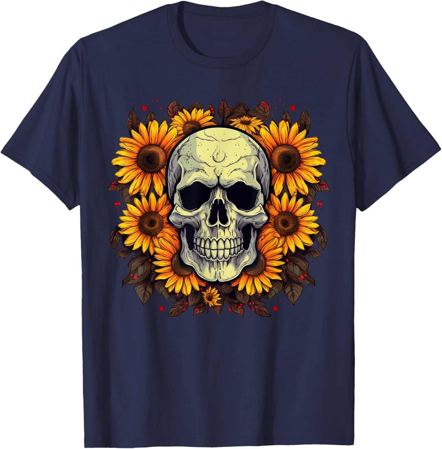 Floral Sugar Skull with Sunflowers T-Shirt - T-Shirt | Navy