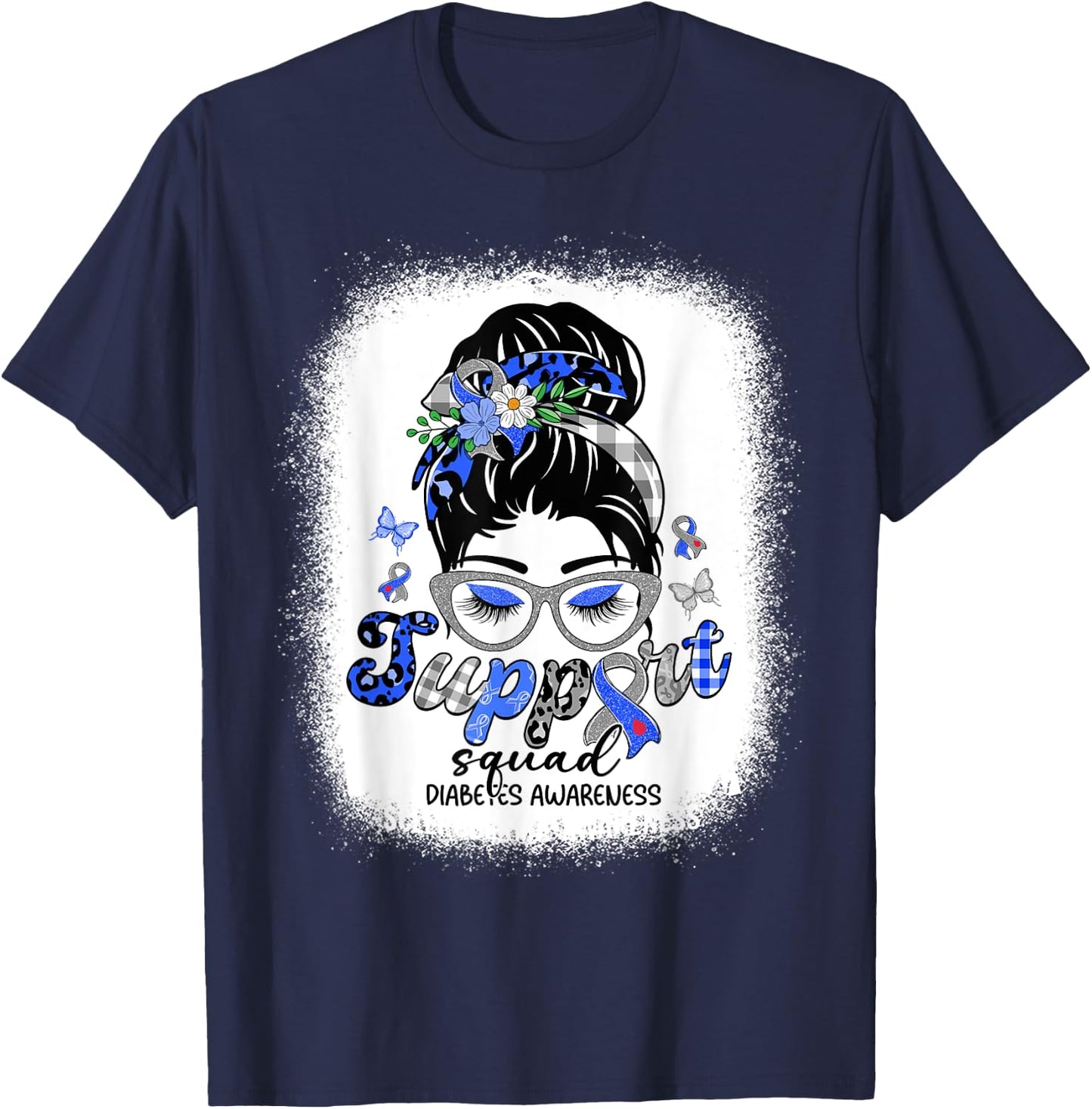 Support Squad Messy Bun Women Diabetes Awareness T-Shirt - T-Shirt | Navy