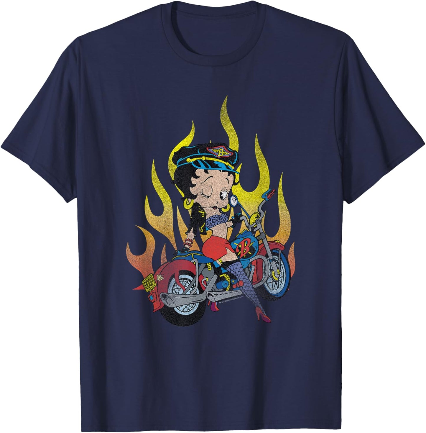 Betty Boop Biker Pose Fire Background V-2 T-Shirt - T-Shirt | Navy