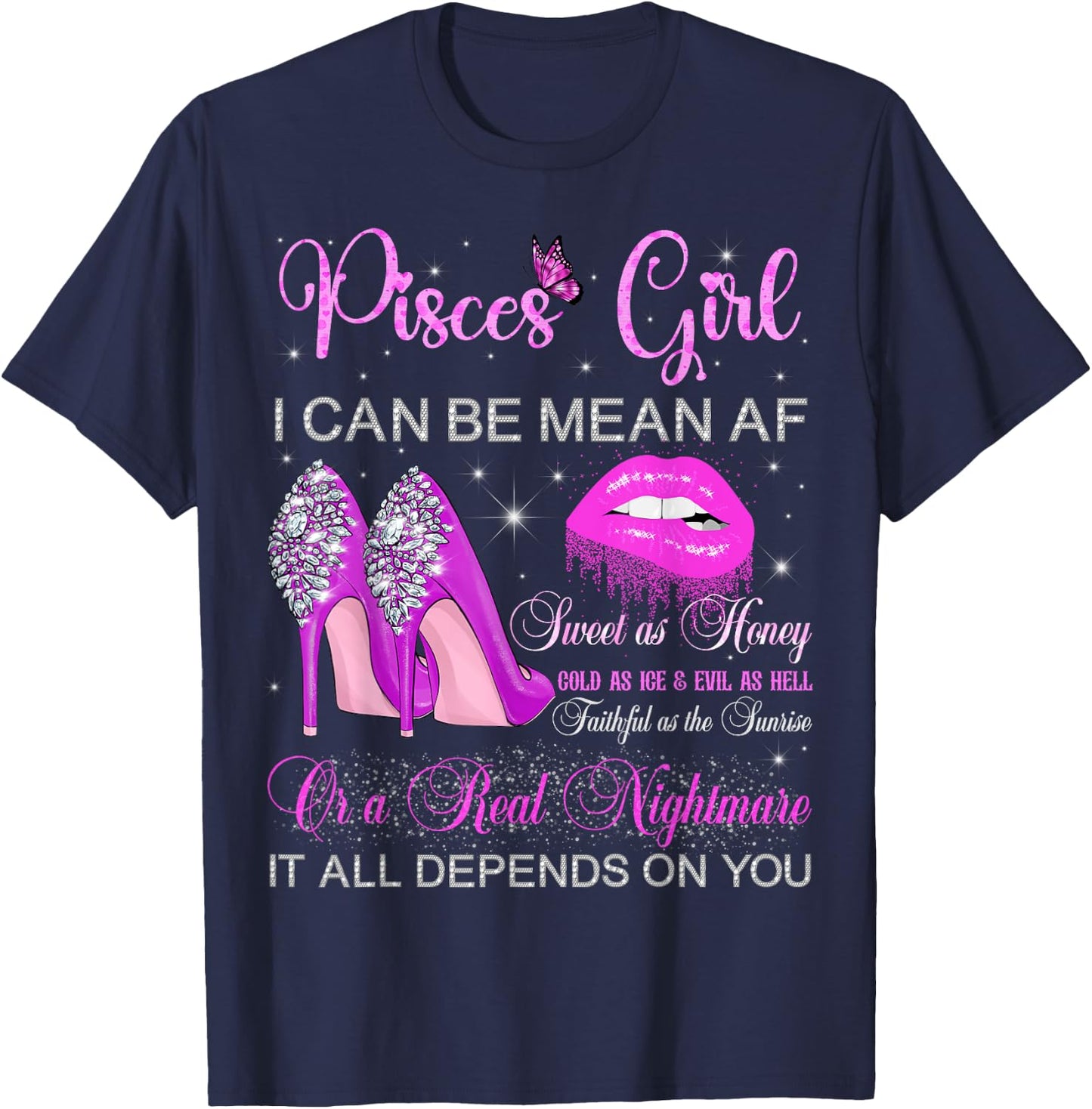 Pisces Girl Birthday High Heels Dripping Lips Butterfly T-Shirt - T-Shirt | Navy