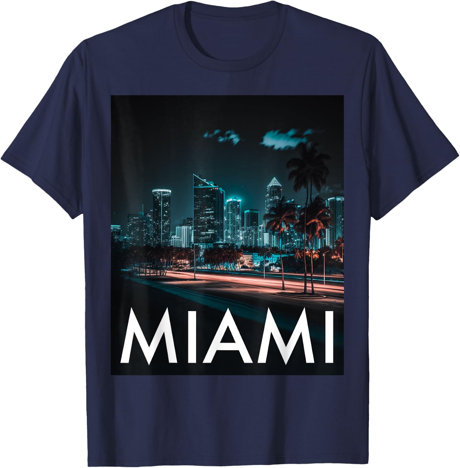 Miami Skyline Nightlife T-Shirt - T-Shirt | Navy