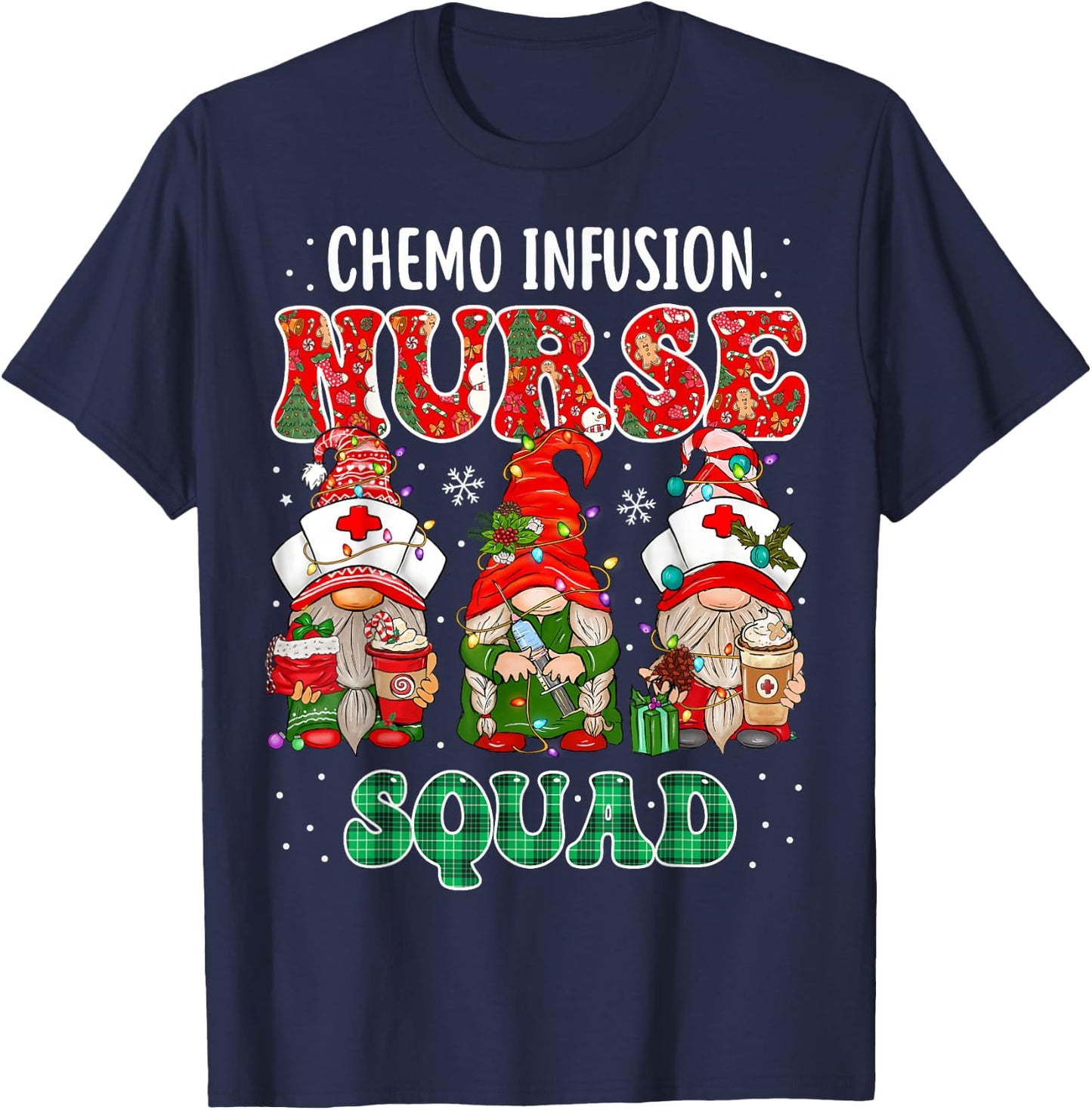 Chemo Infusion Nurse Cute Christmas Gnomes Oncology Nurse T-Shirt - T-Shirt | Navy